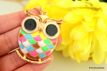 Owl Sitting On A Branch Gold And Multicoloured Pendant Necklace